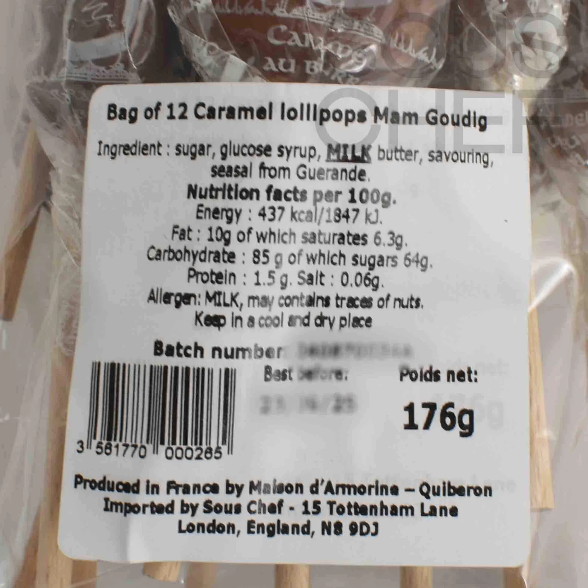 New Bag of 12 French Salted Butter Caramel Lollipops, 176g Ingredients Brands|French Ingredients