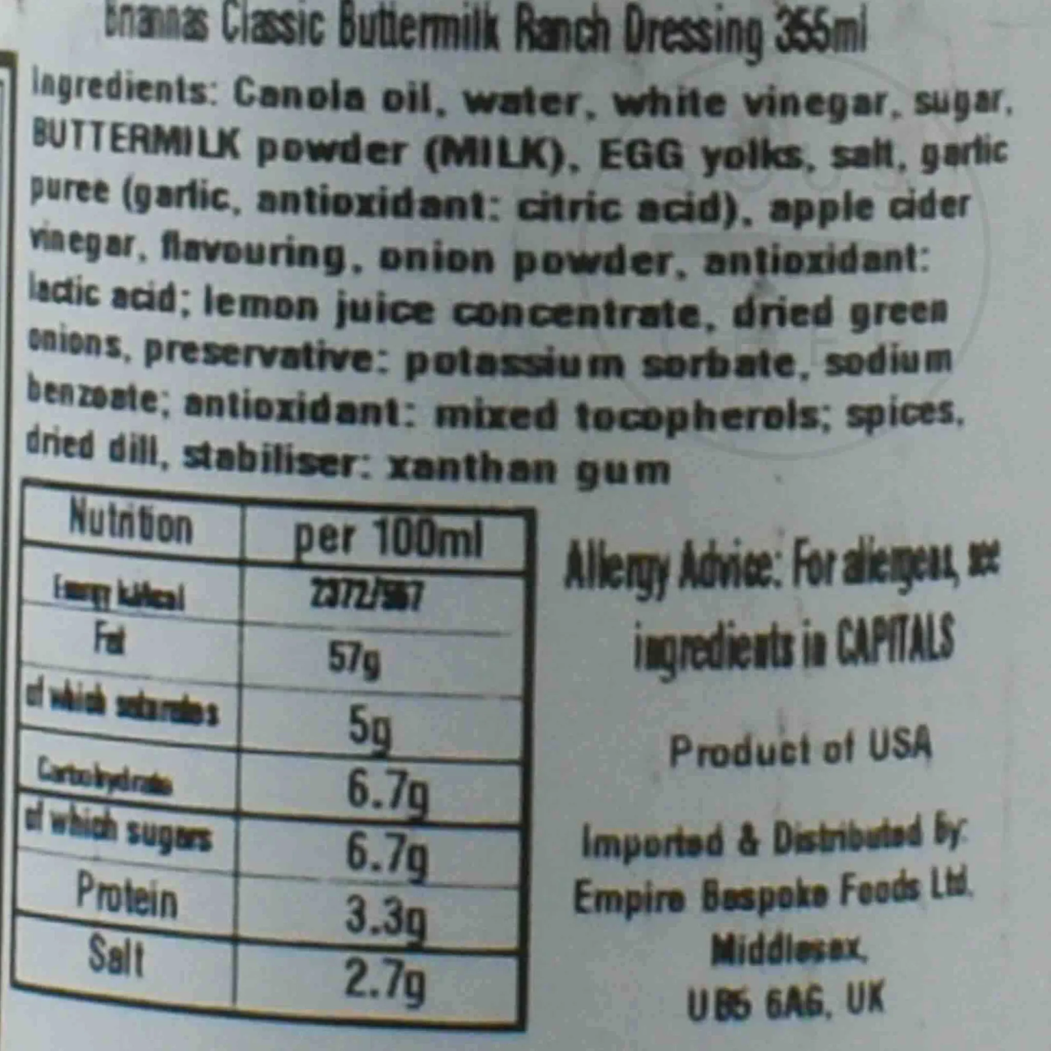 Outlet Ranch Dressing, 355ml Ingredients Brands|American Ingredients