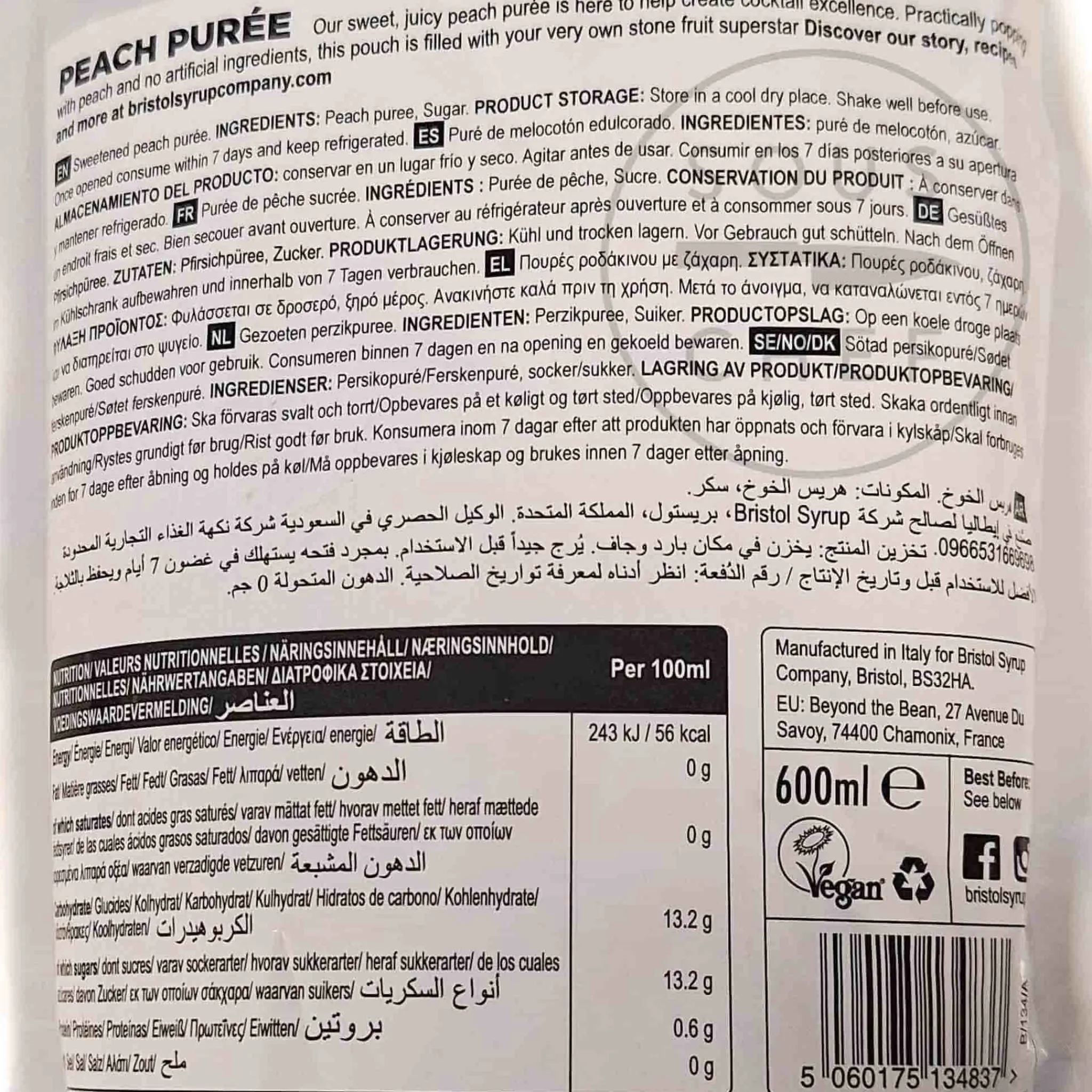 New Peach Puree, 600ml Ingredients Brands|Drinks