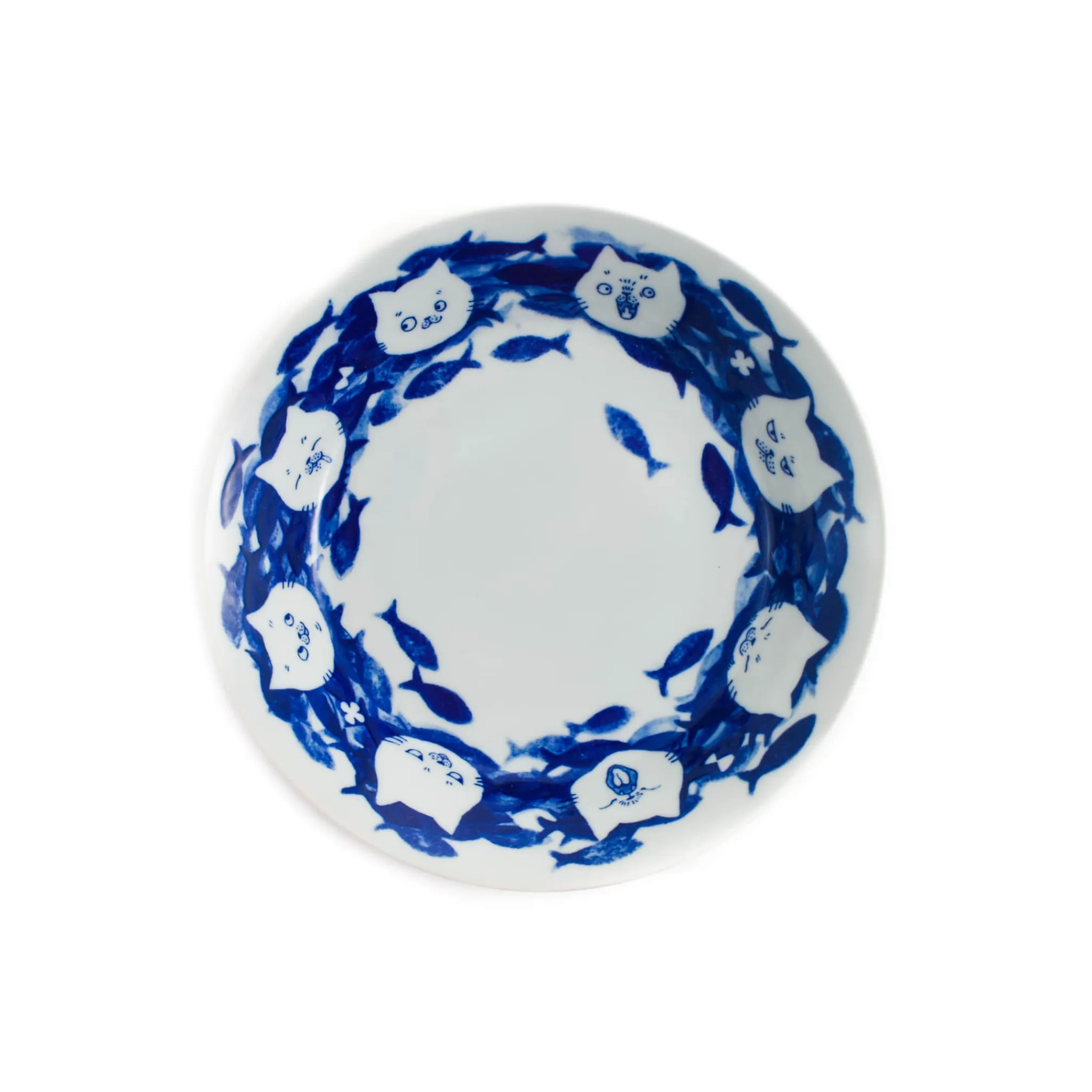 Outlet Cat with Fishes Japanese Deep Plate, 21cm Plates|Japanese Tableware
