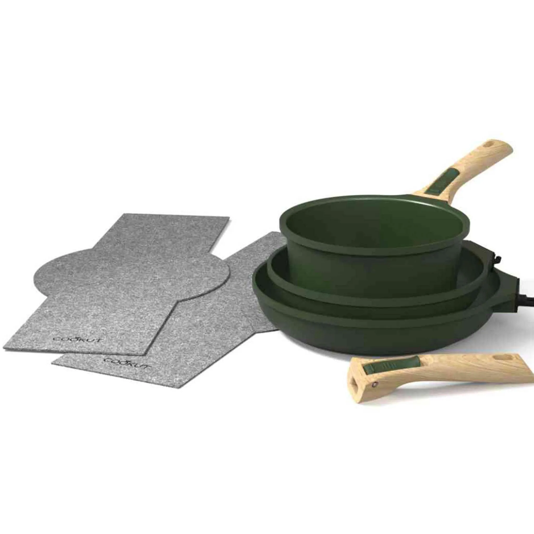 New Lightweight Non-Stick 3 Piece Cookware Set with Detachable Handles, Green, BPA-Free Pots & Pans