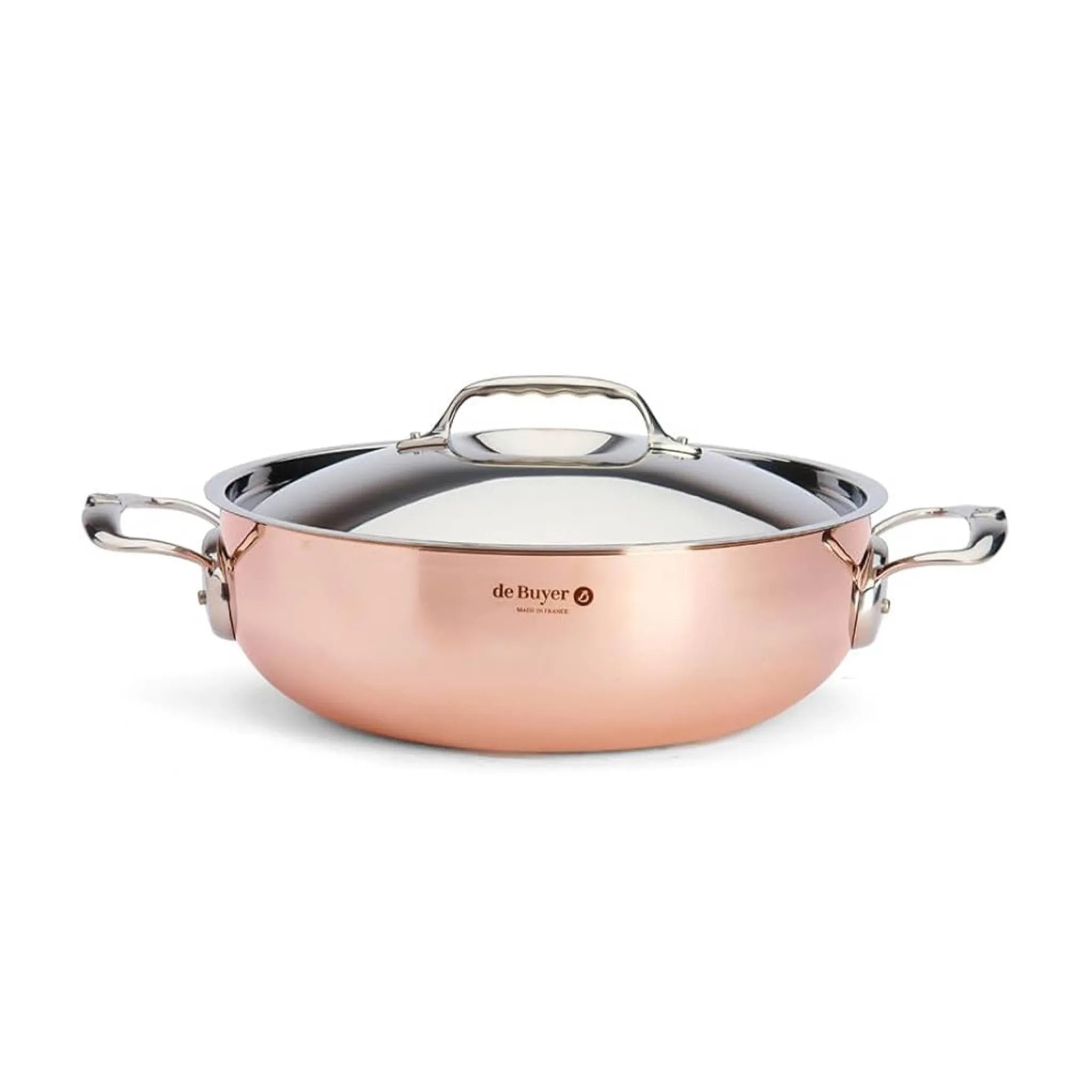 New Prima Matera Copper Curved Saute Pan with Lid & Stainless Steel Handle, 28cm Pots & Pans
