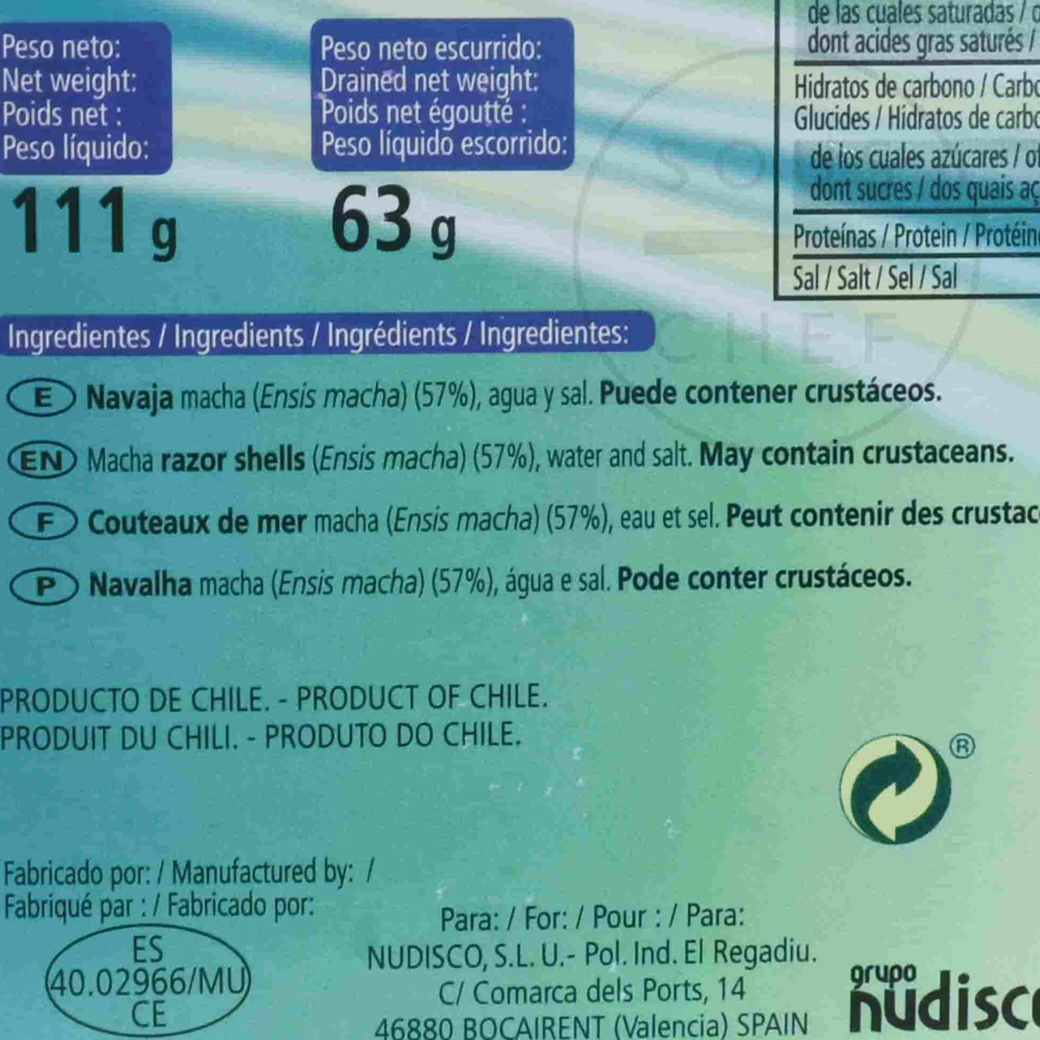Chilean Razor Clams in Brine, 120g Ingredients Brands|Spanish Ingredients
