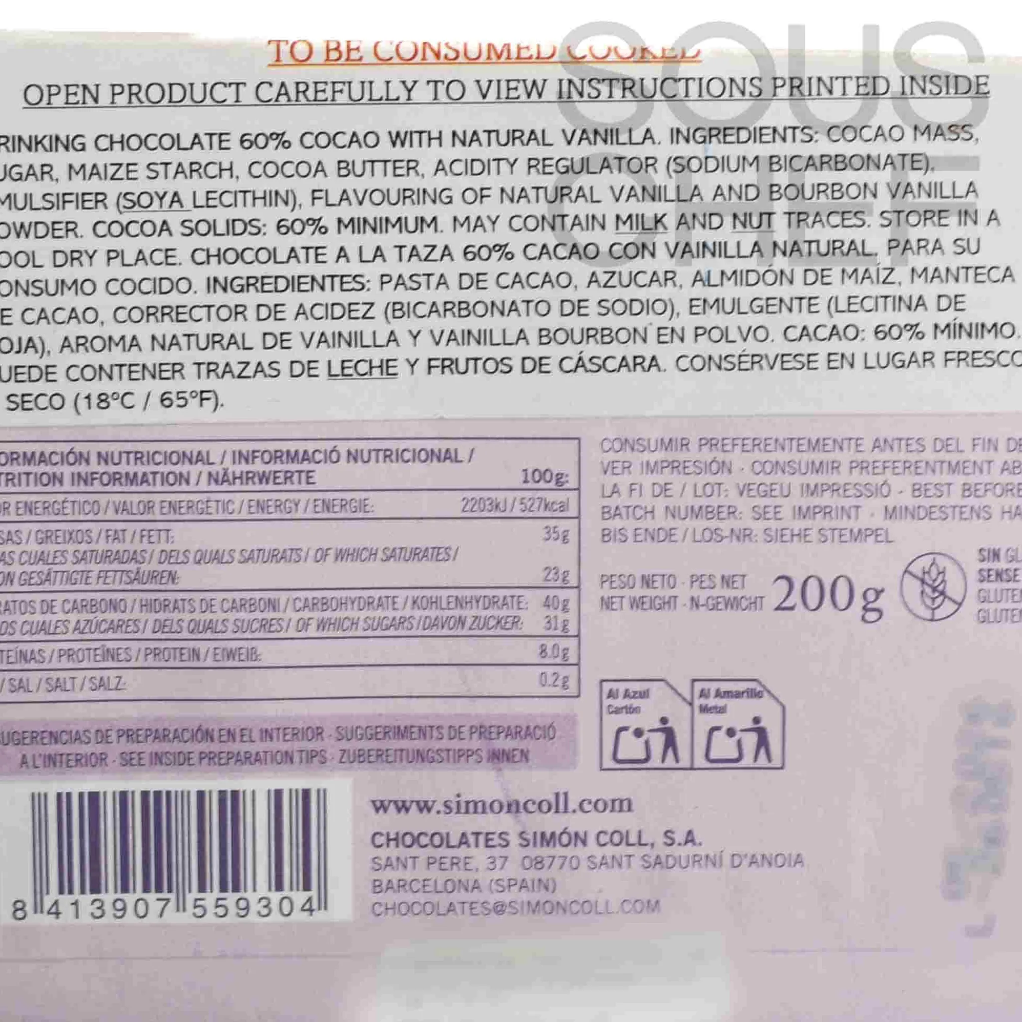 Outlet Drinking Chocolate Bar with 60% Cocoa & Bourbon Vanilla, 200g Ingredients Brands|Spanish Ingredients