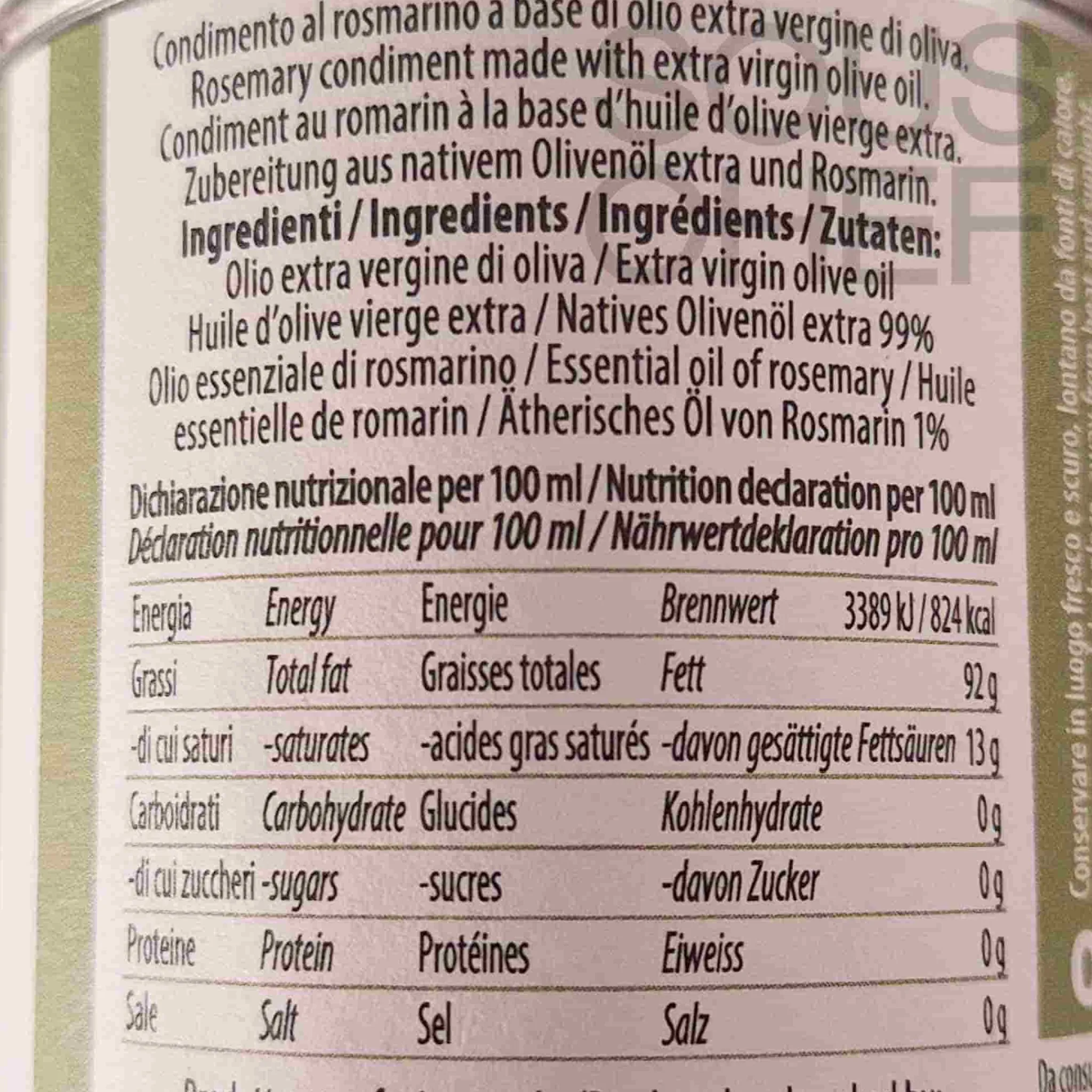 Hot Puglian Rosemary Extra Virgin Olive Oil, 100ml Ingredients Brands|Italian Ingredients