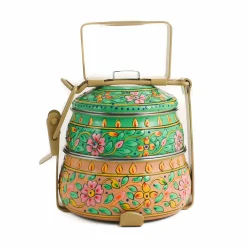 Hand Painted Two Tier Pink & Green Tiffin Tin, 750ml Indian Ingredients|Food Storage & Containers