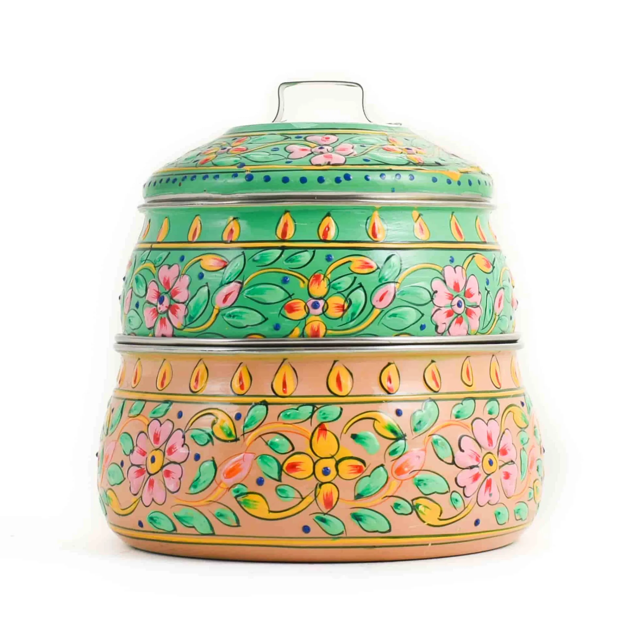 Hand Painted Two Tier Pink & Green Tiffin Tin, 750ml Indian Ingredients|Food Storage & Containers