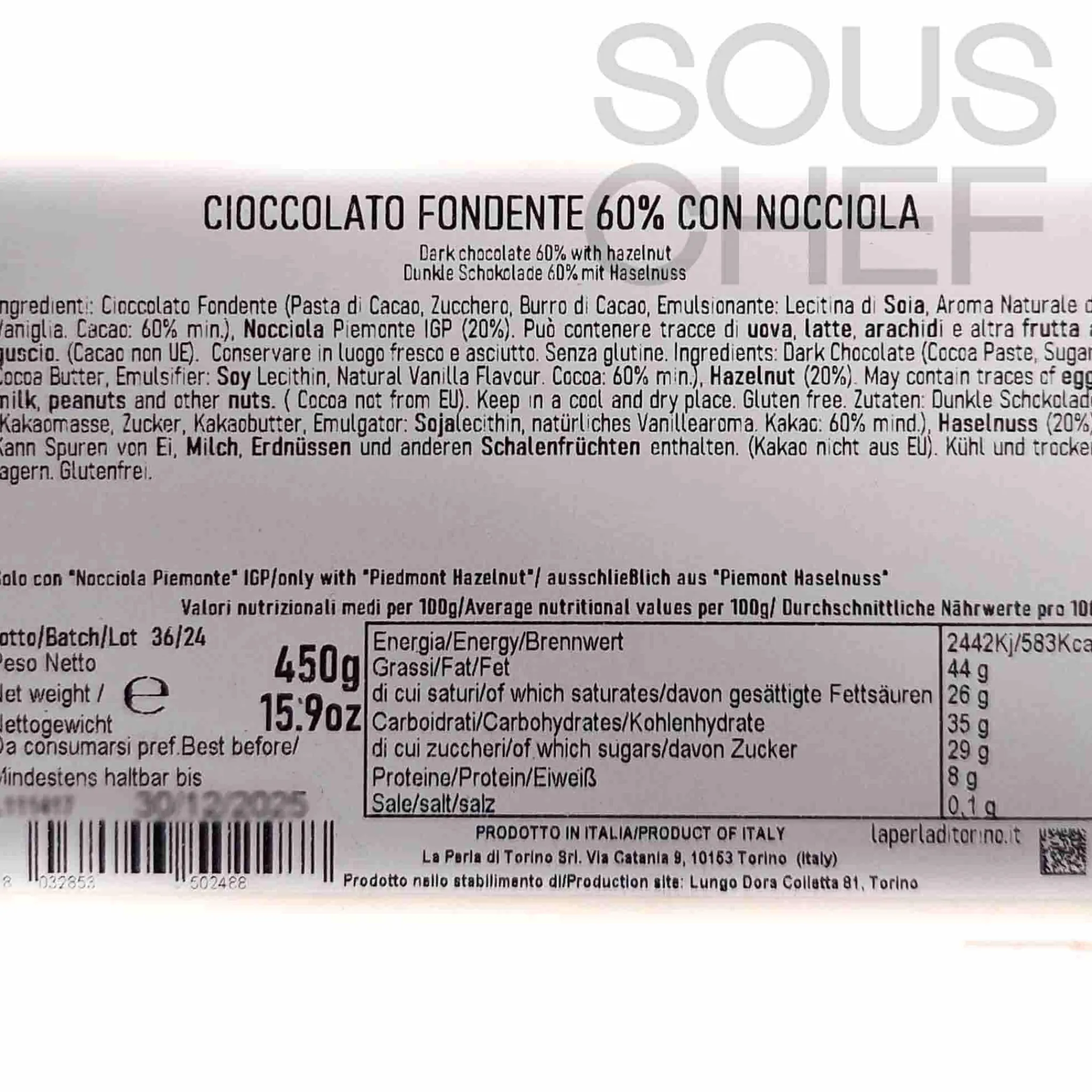 Outlet 60% Dark Chocolate Slab with Whole Roasted Hazelnuts, 450g Ingredients Brands|Italian Ingredients