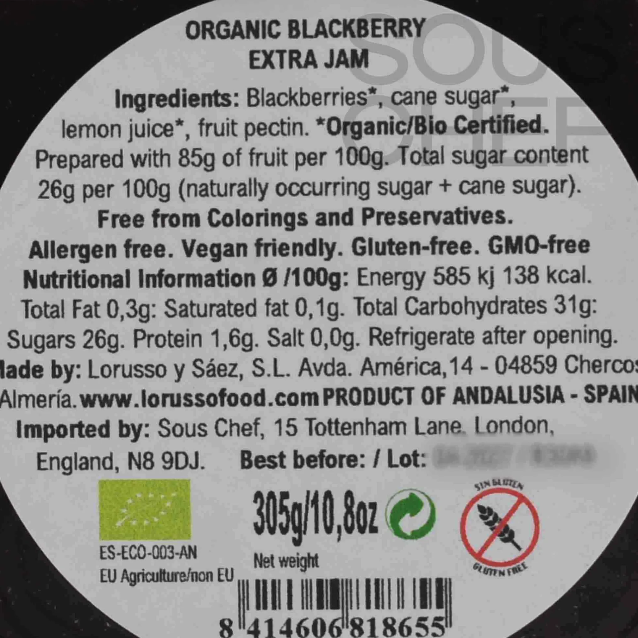 Hot Organic Artisanal Blackberry Jam, 305g Ingredients Brands|Jam, Honey & Spreads