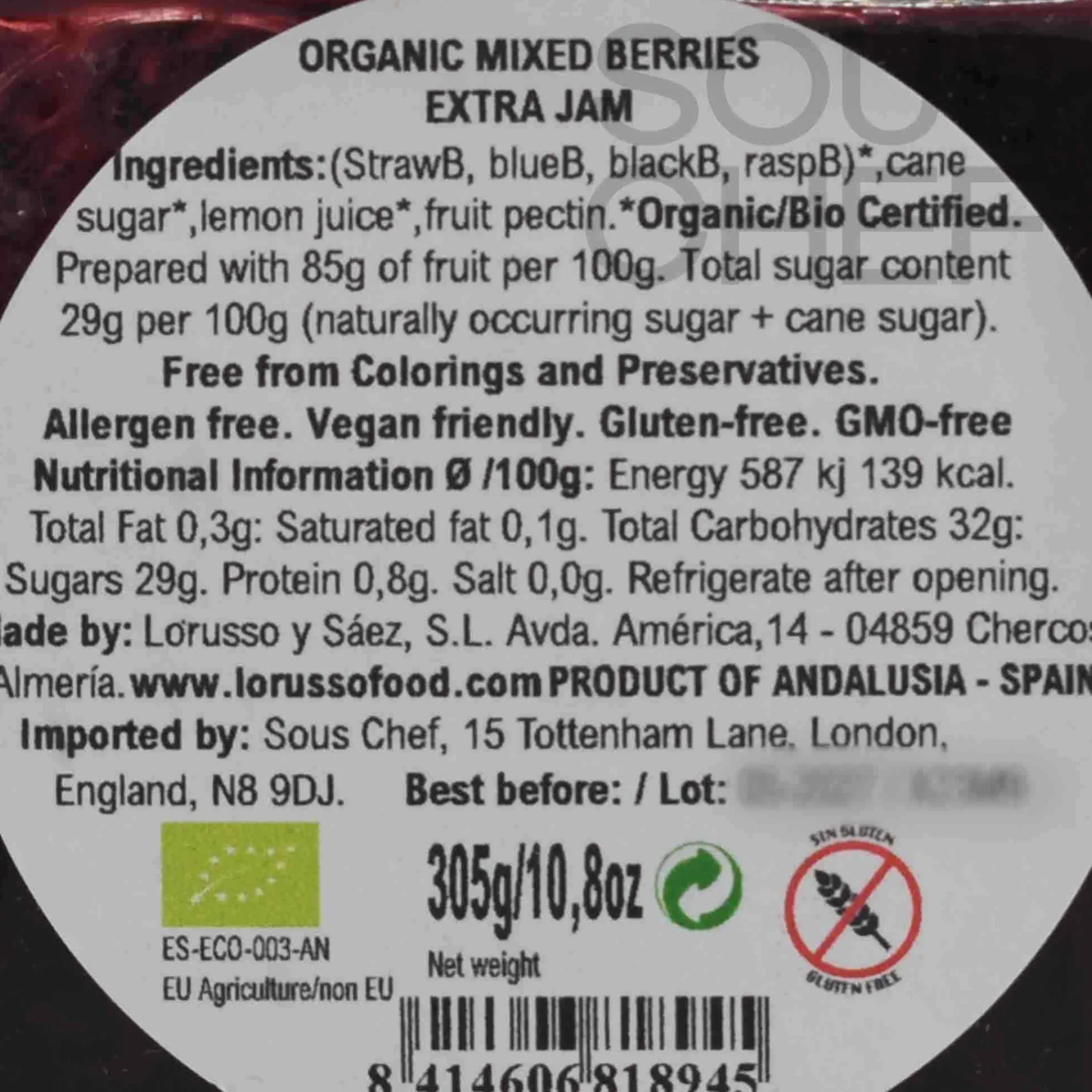 Hot Organic Artisanal Mixed Berry Jam, 305g Ingredients Brands|Jam, Honey & Spreads