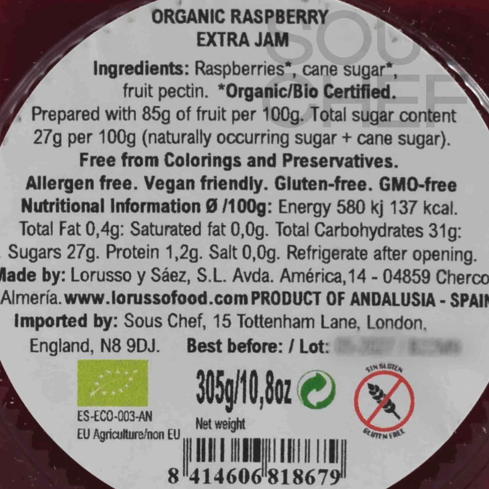 Clearance Organic Artisanal Raspberry Jam, 305g Ingredients Brands|Jam, Honey & Spreads