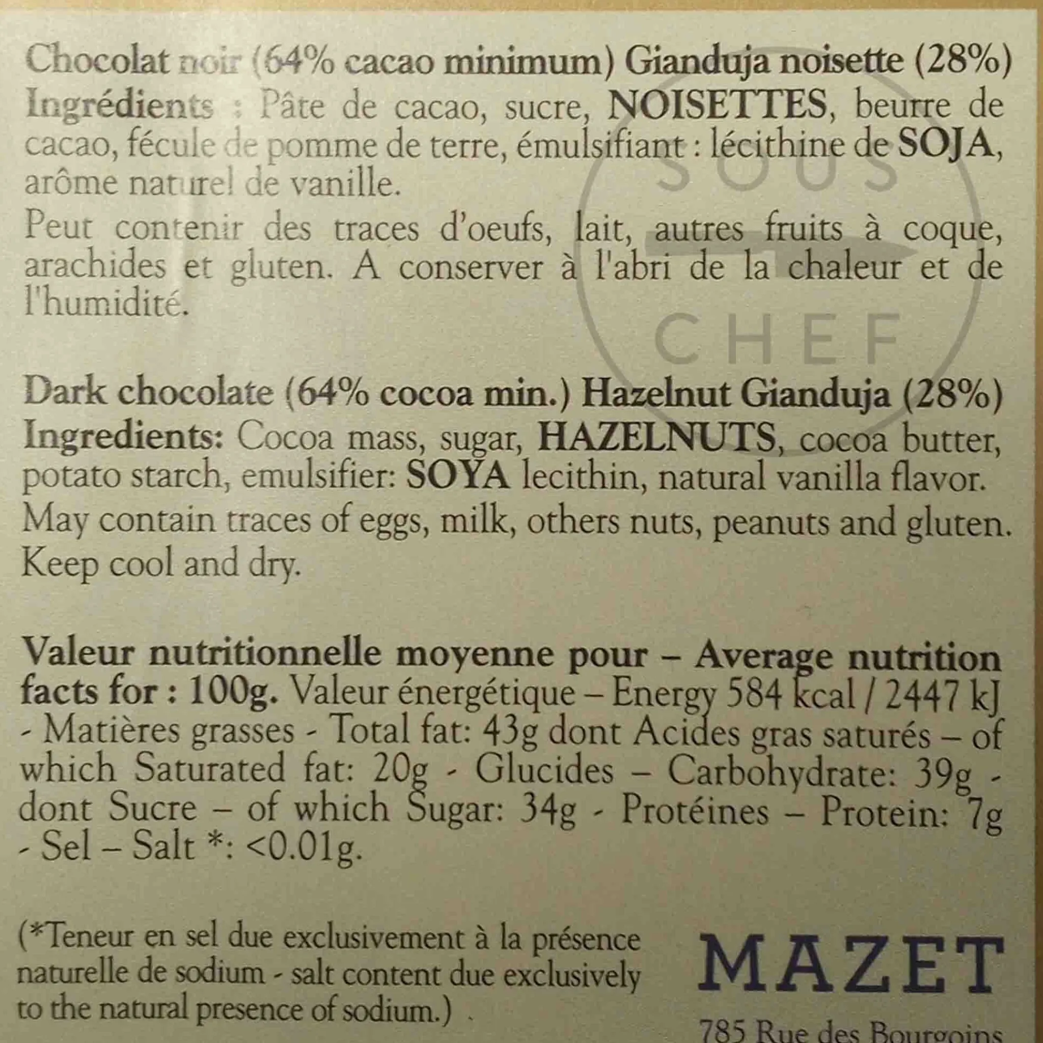 Discount Mazet Gianduja Dark Chocolate Bar, 100g Ingredients Brands|Chocolate & Sweets