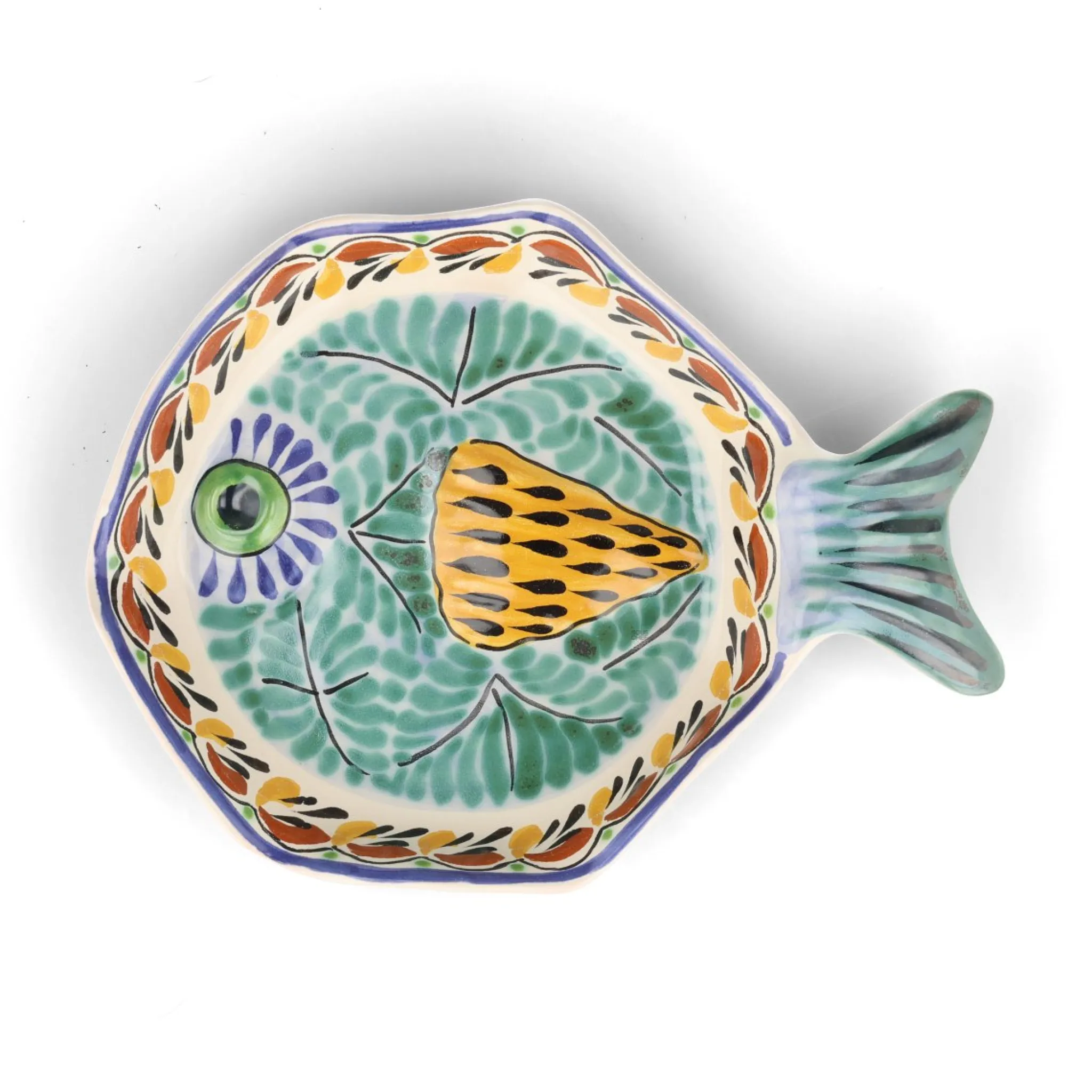 Hot Mexican Hand Painted Green & Blue Fish Dish, 25.5cm Plates|Crockery & Dinnerware