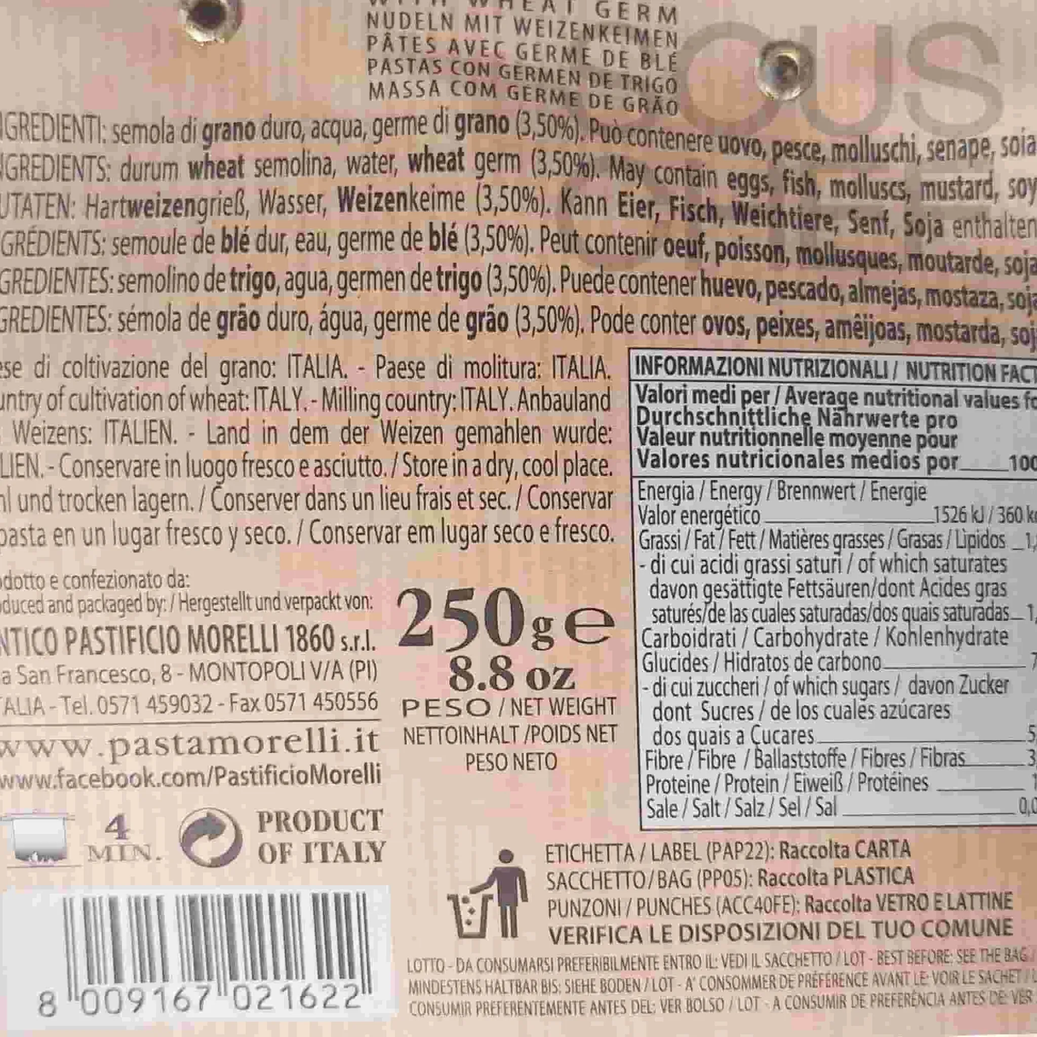 New Mafalde Pasta with Wheat Germ, 250g Italian Ingredients|Pasta, Rice & Beans