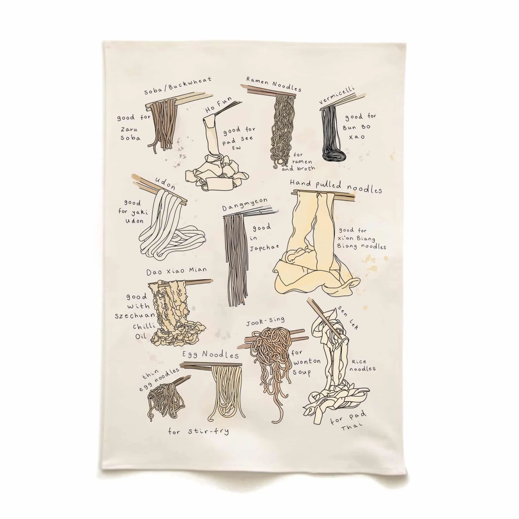 Types of Noodles Organic Cotton Tea Towel Kitchen Textiles & Clothing