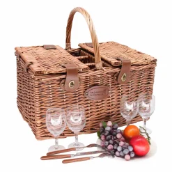Clearance Saint-Germain Green Gingham Picnic Basket, 4 Person French Ingredients|Picnicware
