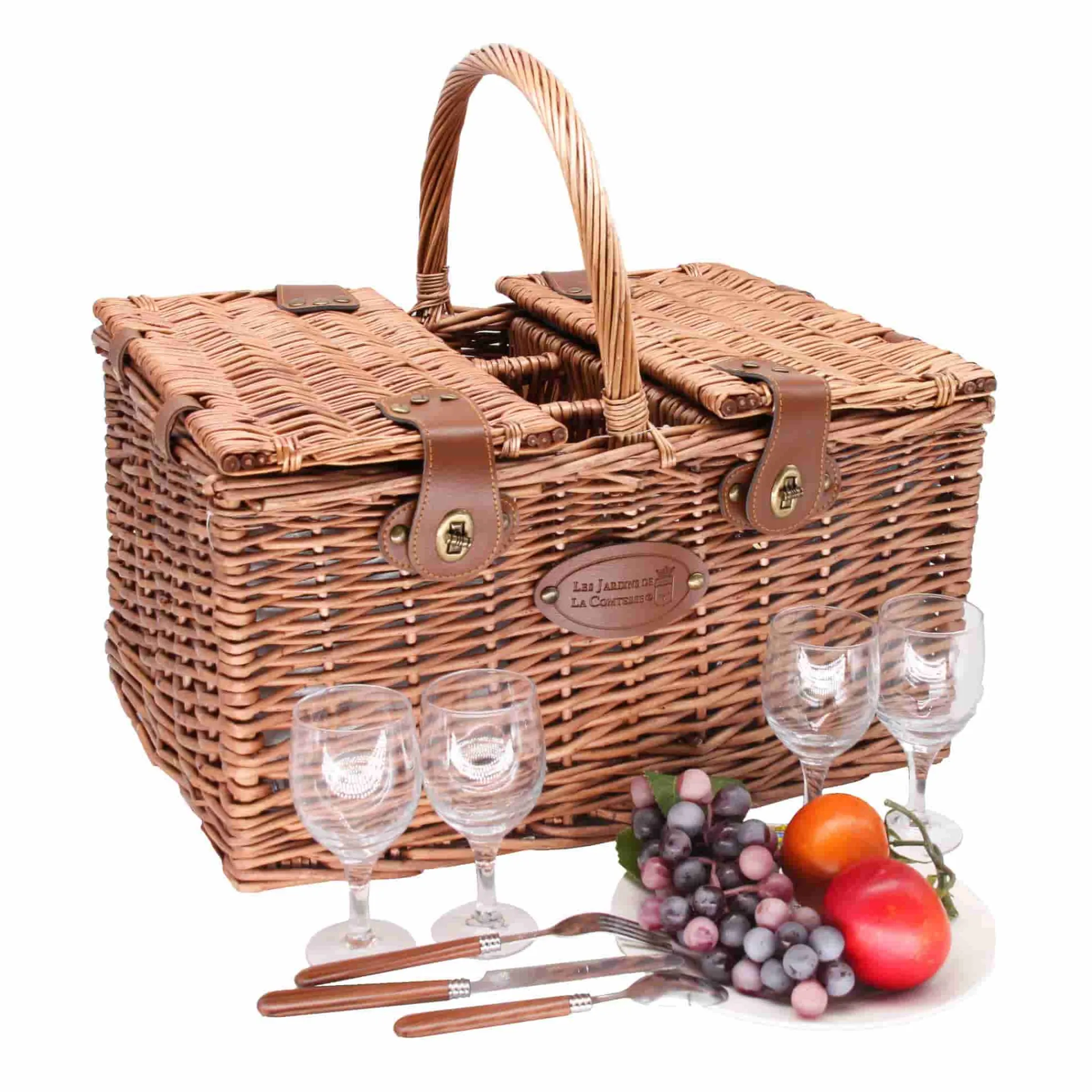 Clearance Saint-Germain Green Gingham Picnic Basket, 4 Person French Ingredients|Picnicware