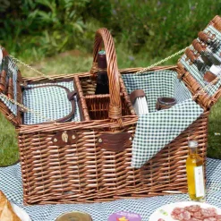 Clearance Saint-Germain Green Gingham Picnic Basket, 4 Person French Ingredients|Picnicware