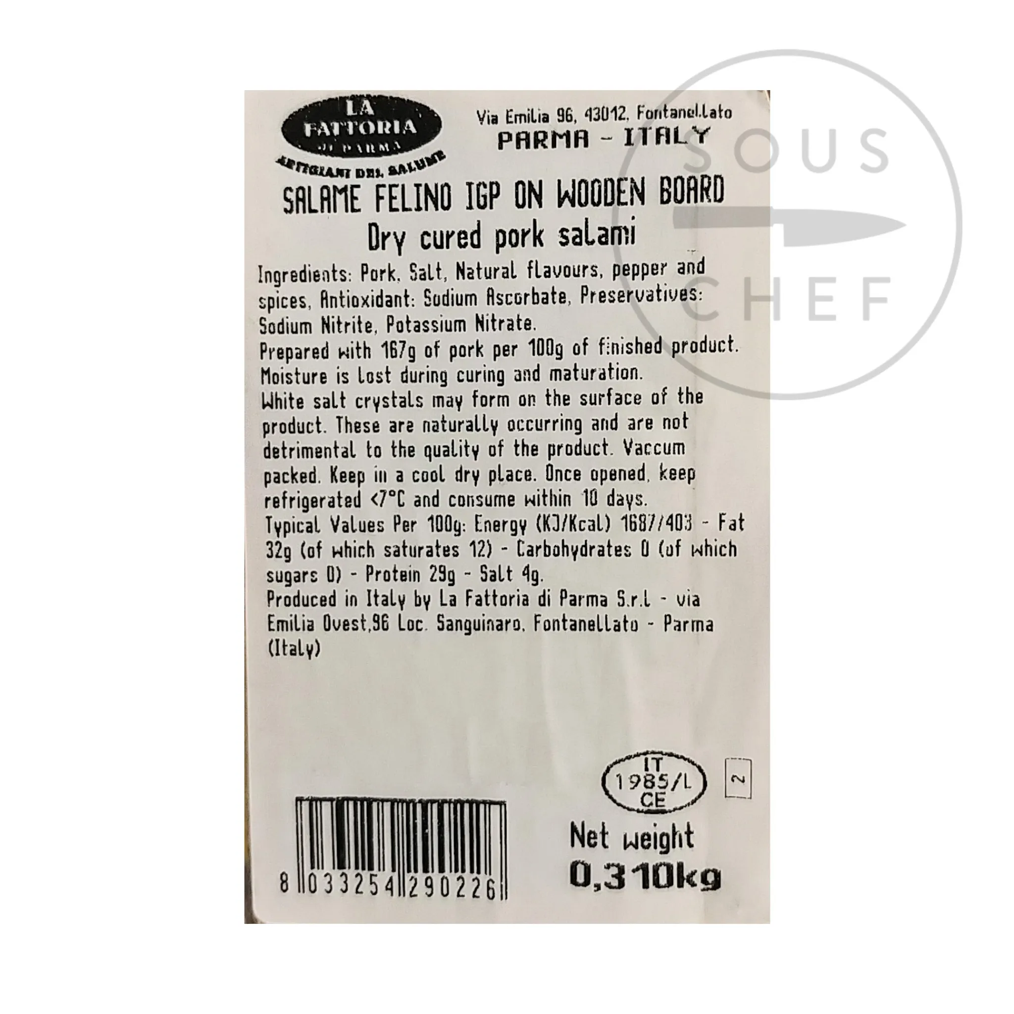 Salami Felino IGP Riserva with Wooden Carving Board, 300g Ingredients Brands|Italian Ingredients