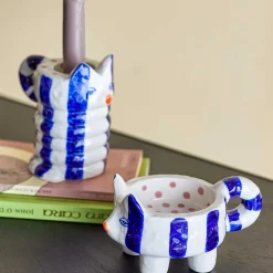 Hot Set of 2 Blue Striped Cat Candle Holders Table Setting|Tableware Brands