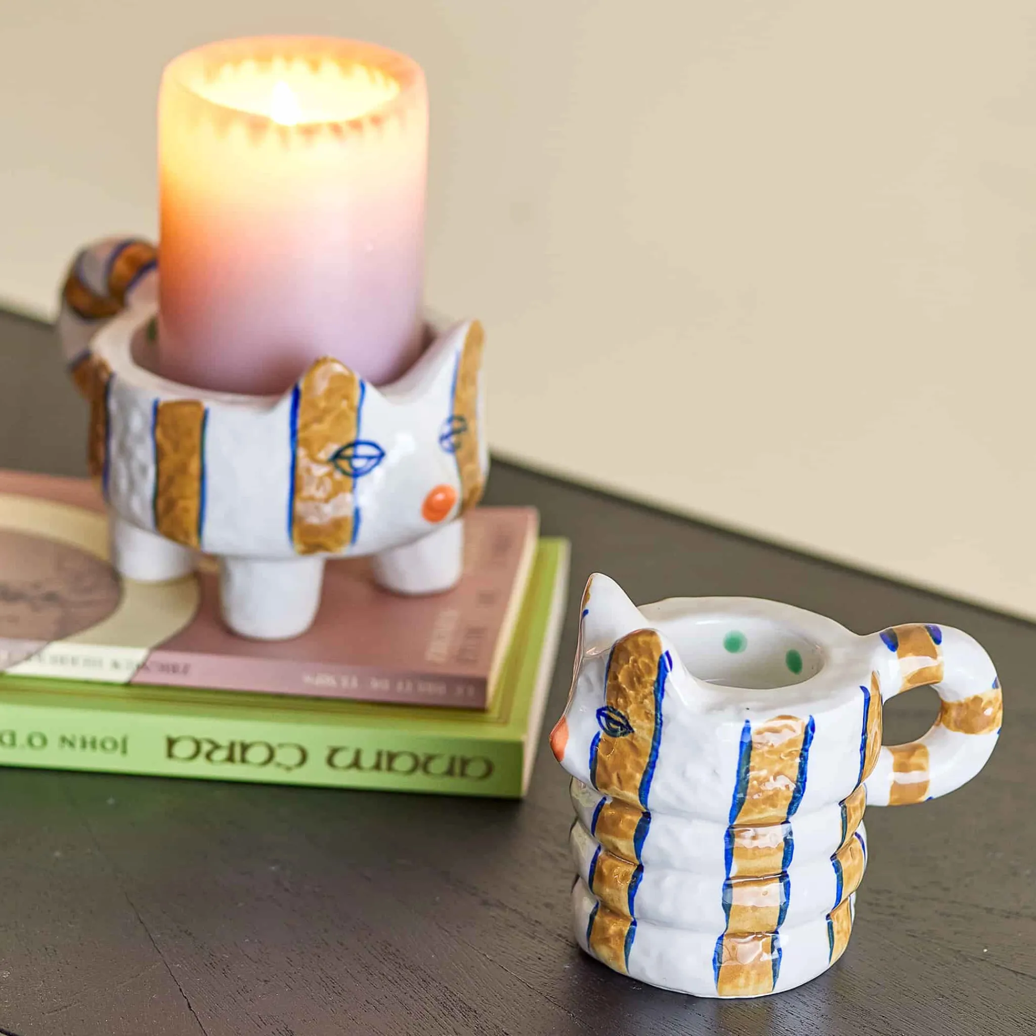 Hot Set of 2 Yellow Striped Cat Candle Holders Table Setting|Tableware Brands