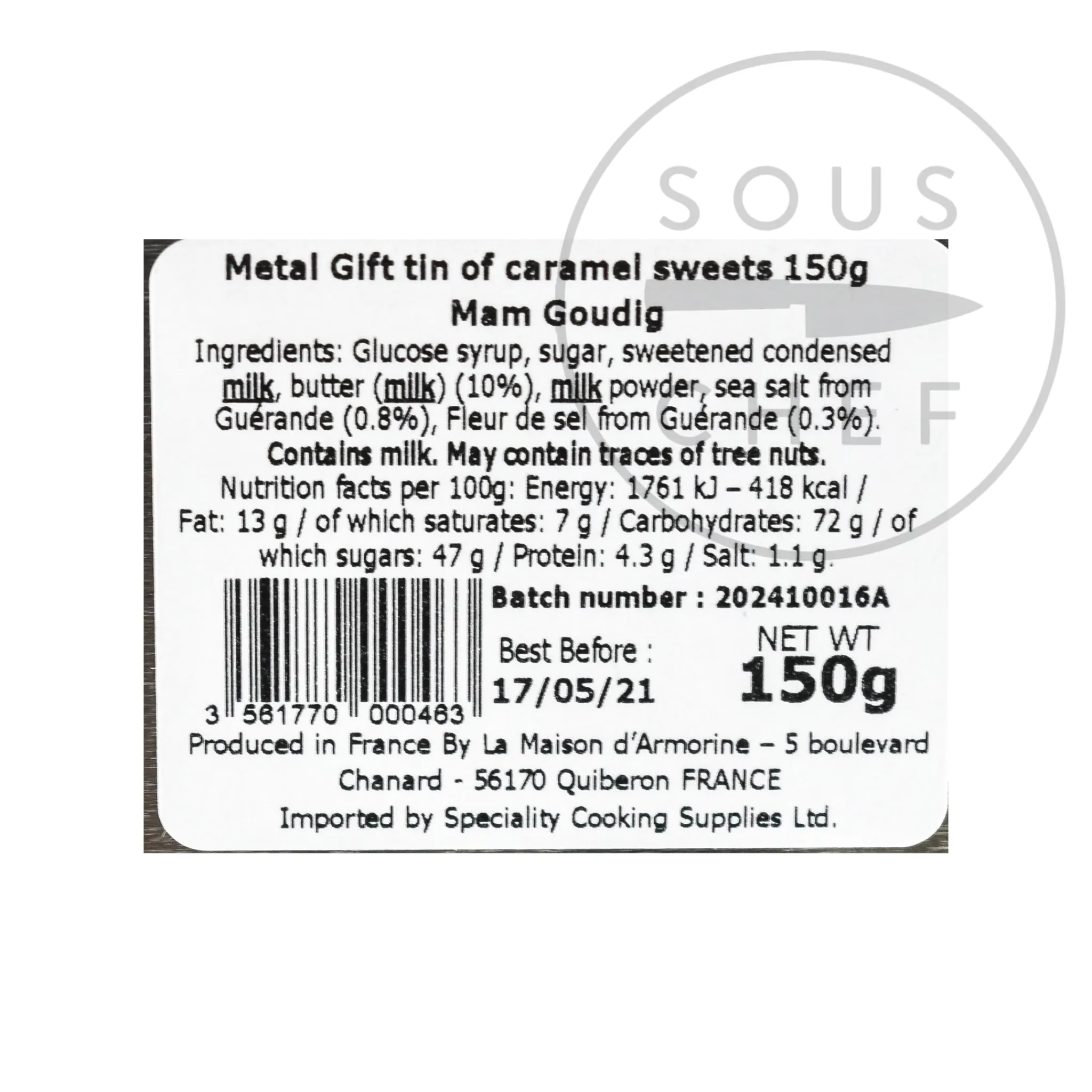 Outlet Short Dated French Salted Butter Caramels in Gift Tin, 150g French Ingredients|Chocolate & Sweets